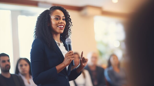  Confident businesswoman delivering a corporate presentation at a seminar or conference. The image showcases her expertise and leadership skills in a professional setting generative ai