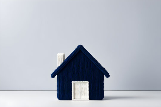 thermal insulation concept, knitted house on a minimalistic background