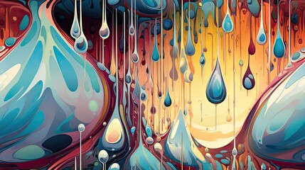  a painting of a group of drops of water on a colorful background of orange, blue, and yellow colors.  generative ai