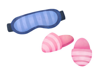watercolor Slippers, Sleep masks set isolated on transparent background. Cartoon home warm comfortable shoes cut out. cozy accessory for comfort bedtime, deep relaxation collection. Pajama party