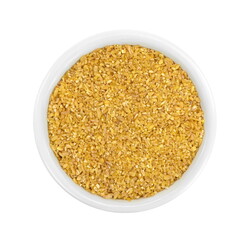 Raw Bulgur in a bowl Isolated on a white background. Raw bulghur, dry cracked parboiled wheat groats, cereal 