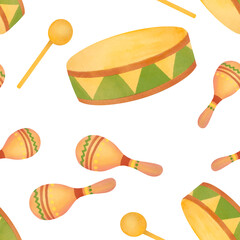 Mexican Musical instrument maracas and drums with percussion sticks seamless pattern. repeat holiday attribute, maracas festive card, traditional Latin music watercolor background