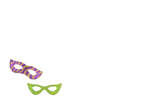 recommend clip art: Mardi Gras carnival masks clip art layout. fat tuesday carnival mask template with copy space. festival masquerade accessories on transparent background for greetin card. green, yellow, purple colors