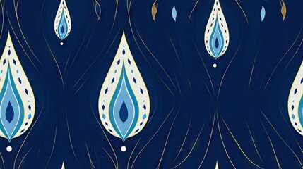  a blue and white wallpaper with a pattern of blue and white leaves and drops of water on a dark blue background.  generative ai