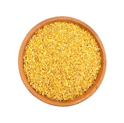 Raw Bulgur in a bowl Isolated on a white background. Raw bulghur, dry cracked parboiled wheat groats, cereal 