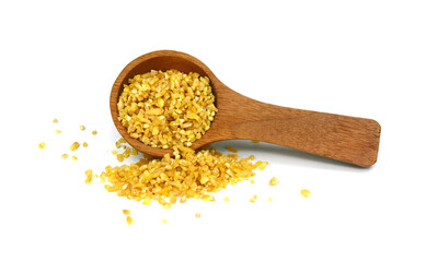Wooden spoon with uncooked bulgur isolated on white