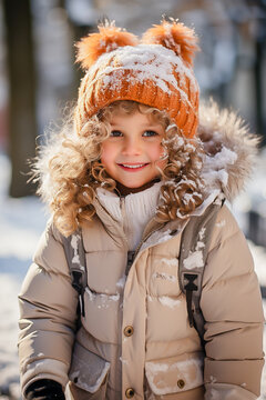 portrait of a happy child with blonde hair in winter clothes on a walk