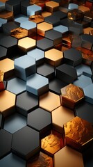 Desktop background or wallpaper, scientific futuristic seamless background, in the form of dark black colored metal honeycombs, hexagons