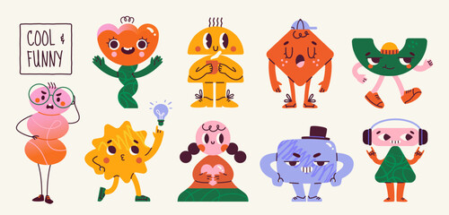 Set of funny abstract characters. Cute geometric shapes or creatures with faces expressing different emotions and feelings. Retro stickers in groovy style. Cartoon flat vector isolated collection