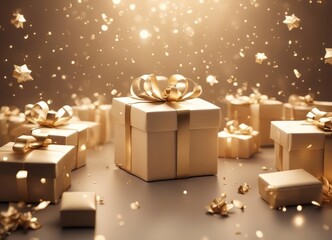 Gift box in beige color with sparkls, magic. Christmas.Happy New Year 2024
