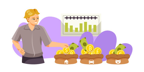 Financial literacy concept. Smiling man diversifies assets and distributes finances to different areas of life. Character invests money and manages personal budget. Cartoon flat vector illustration