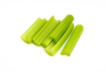 Heap of celery sticks isolated on white background. Celery isolated on white background.