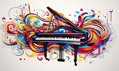 colorful musical notes flying above a colorful piano Generative AI - obrazy, fototapety, plakaty