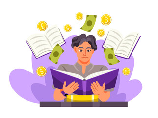 Financial literacy concept. Student reads book and learns rules of investing and saving money. Character manages personal budget and analyzes income and expenses. Cartoon flat vector illustration