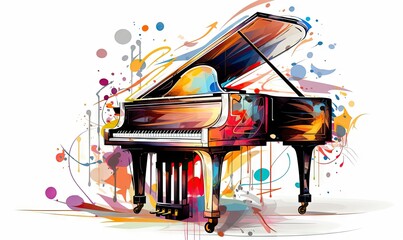 colorful piano on white background with music notes flying Generative AI - obrazy, fototapety, plakaty