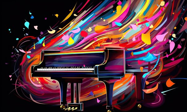an image of a colorful piano with music notes flying from it Generative AI