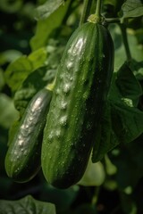 Juicy cucumbers grow in the garden. Vegetables, agricultural management. AI generating