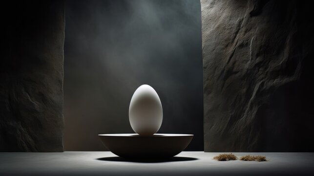  an egg sitting on top of a bowl in the middle of a dark room with smoke coming out of it.  generative ai