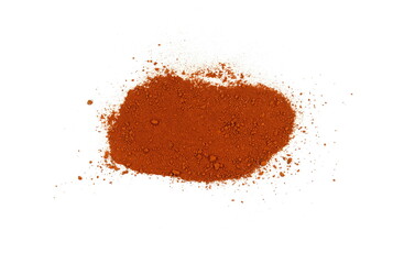 Pile of Red dirt (soil) on white. Heap of Red dry clay isolated on white background. Ochre, also spelled ocher, a natural yellow earth pigment.