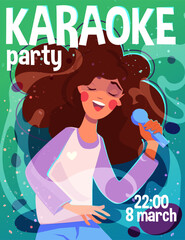 Karaoke party invitation. Cute cheerful girl with curly hair sings her favorite song into microphone. Vocalist performing at concert, music festival or singing event. Cartoon flat vector illustration