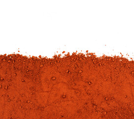 Pile of Red dirt (soil) on white. Heap of Red dry clay isolated on white background. Ochre, also spelled ocher, a natural yellow earth pigment.