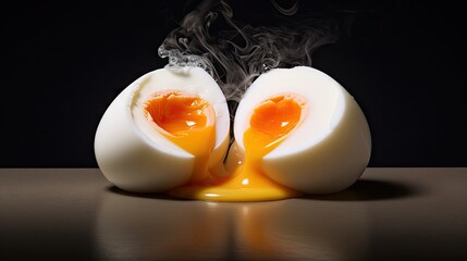  an egg with smoke coming out of it sitting on a table next to an egg with an egg yolk in it.  generative ai