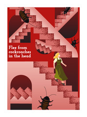 Obraz premium Human psychology poster. Woman flee from cockroaches in her head. Desperate and confused character running up stairs in his subconscious. Doubts and depression. Cartoon flat vector illustration