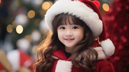 Fototapeta na wymiar A cute kid dress up in Santa Claus costume at Christmas celebration party.
