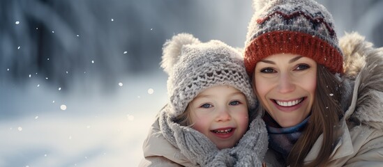 Fototapeta premium A mother and her child enjoying the crisp winter breeze as they slide down on a sled with the child wearing safety goggles