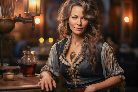 Portrait of a madame in a Wild West saloon, capturing the allure and mystery of the Old West brothel scene.