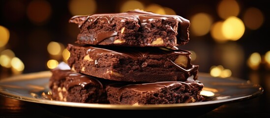 A group of brownie desserts arranged on a decorative plate showcased up close with a limited focus