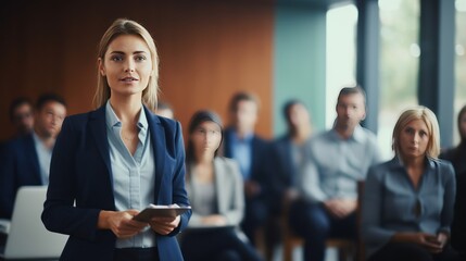 Confident white businesswoman delivering a corporate presentation at a seminar or conference. The image showcases her expertise and leadership skills in a professional setting generative ai - obrazy, fototapety, plakaty