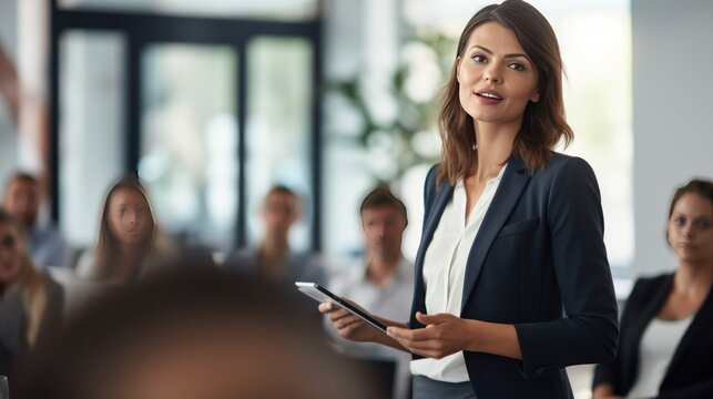 Confident white businesswoman delivering a corporate presentation at a seminar or conference. The image showcases her expertise and leadership skills in a professional setting generative ai