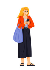 Person holding mobile phone. Smiling stylish woman uses smartphone for surfing internet, online chatting and communication. Character with device in hands. Cartoon flat vector isolated illustration