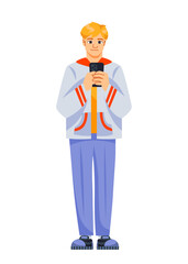 Person holding mobile phone. Young smiling guy student uses smartphone to communicate online with friends or surf Internet. Character with device in hands. Cartoon flat vector isolated illustration
