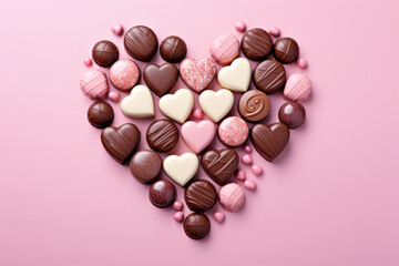 Heart shape made from chocolate candies on pink background