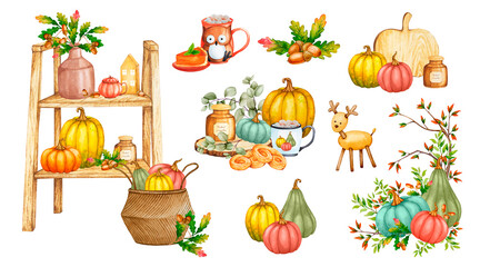 Set of watercolor compositions with home decor, pumpkins, acorns, sweet pastries. Cozy home, warm autumn, Thanksgiving day. Scandinavian design for cards, invitations, posters, advertising.