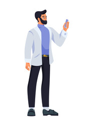 Person holding mobile phone. Bearded man looks at smartphone screen. Character uses modern device to surf Internet and communicate online. Cartoon flat vector isolated illustration