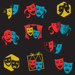 collection of comedy and tragedy theatrical masks isolated on black background