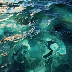 Naklejka na ściany i meble dark green and blue pastel colors,smooth shapes, sun reflection on water, flow. AI generative