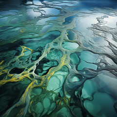 dark green and blue pastel colors,smooth shapes, sun reflection on water, flow. AI generative