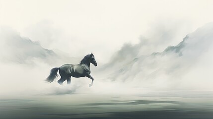 Obraz na płótnie Canvas a painting of a horse running through a foggy field with a mountain in the backgroup in the distance. generative ai