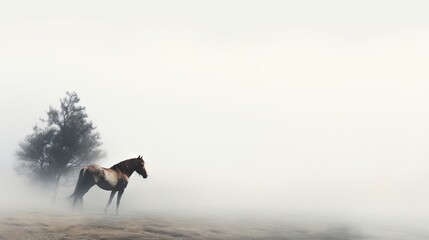  a horse standing in the middle of a field with a tree in the background on a foggy day in the country.  generative ai