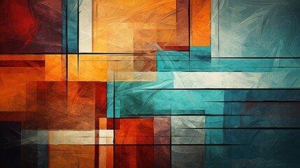 Abstract rough vintage blue orange multi colored art painting texture, with oil brushstroke, palette knife painting, with square overlapping paper layers, complementary colors