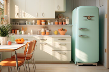 A retro kitchen with pastel-colored appliances and chrome accents, reminiscent of 1950s homemaking....