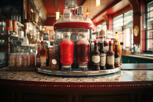 A well-preserved soda fountain, complete with soda jerks and syrupy concoctions. Generative Ai.
