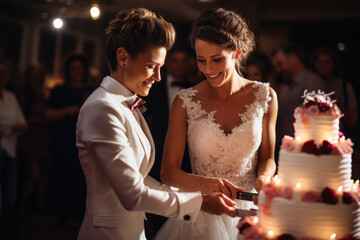 A lesbian couple cutting their wedding cake, symbolizing the sweetness of their love. Generative Ai.