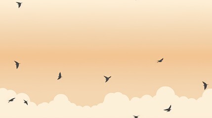 Obraz premium a flock of birds flying in the sky with a light orange sky in the back ground and clouds in the foreground. generative ai