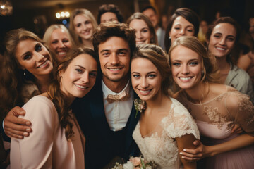 Obraz premium A couple surrounded by supportive friends and family on their wedding day. Generative Ai.
