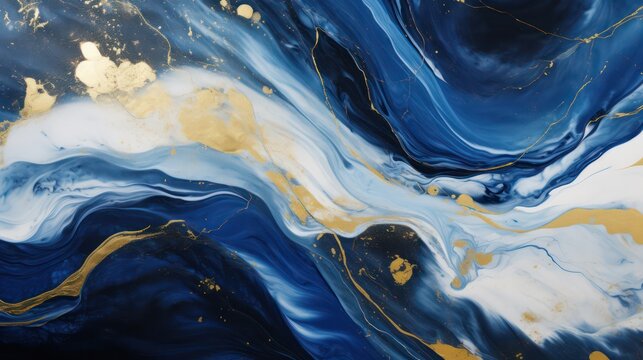 Abstract blue navy gold marble ink painting texture luxury background banner. Dark blue and gold waves swirl splashes of gold paint